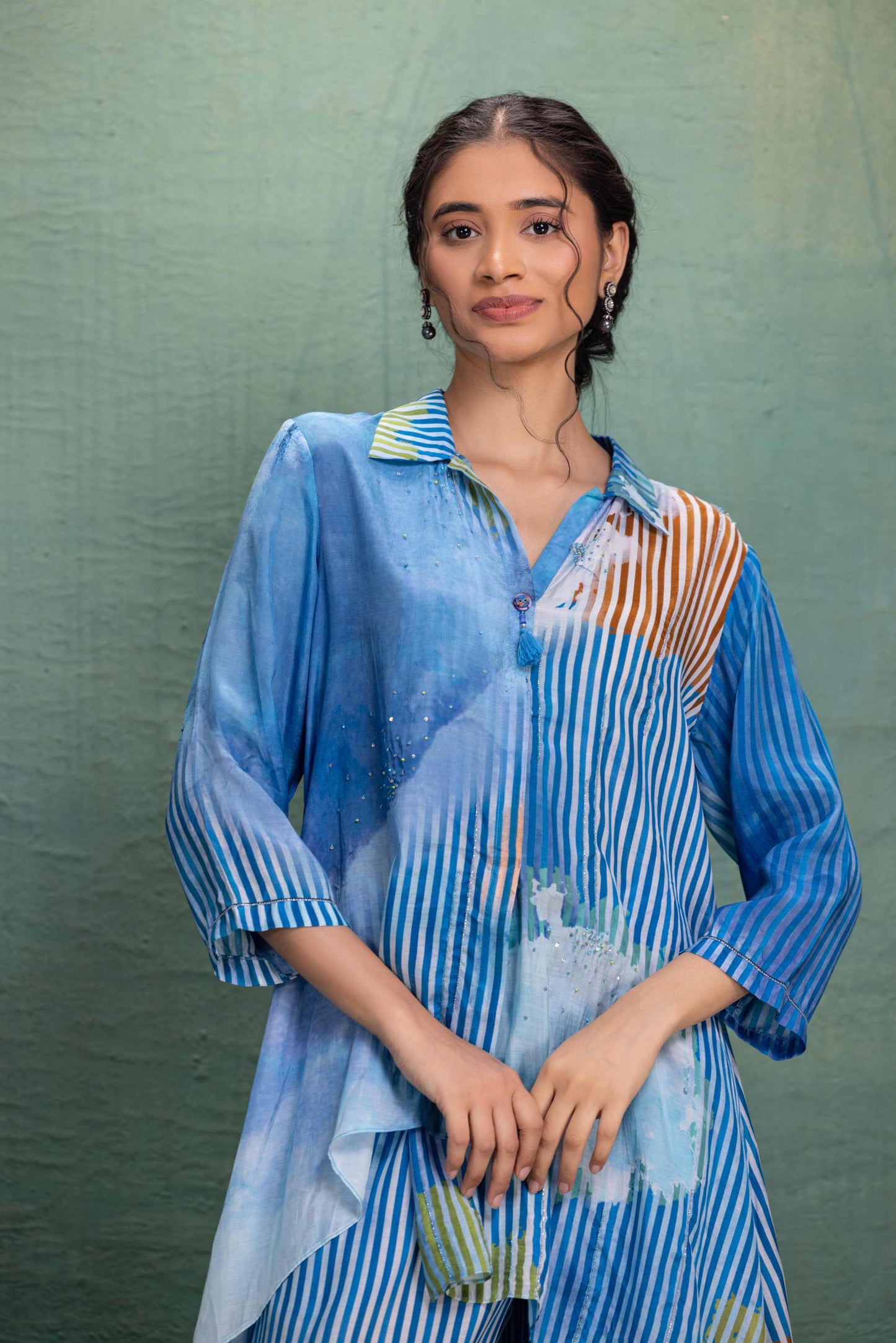Blue Digital Print Asymmetrical Cord Set with Fine Line Detailing