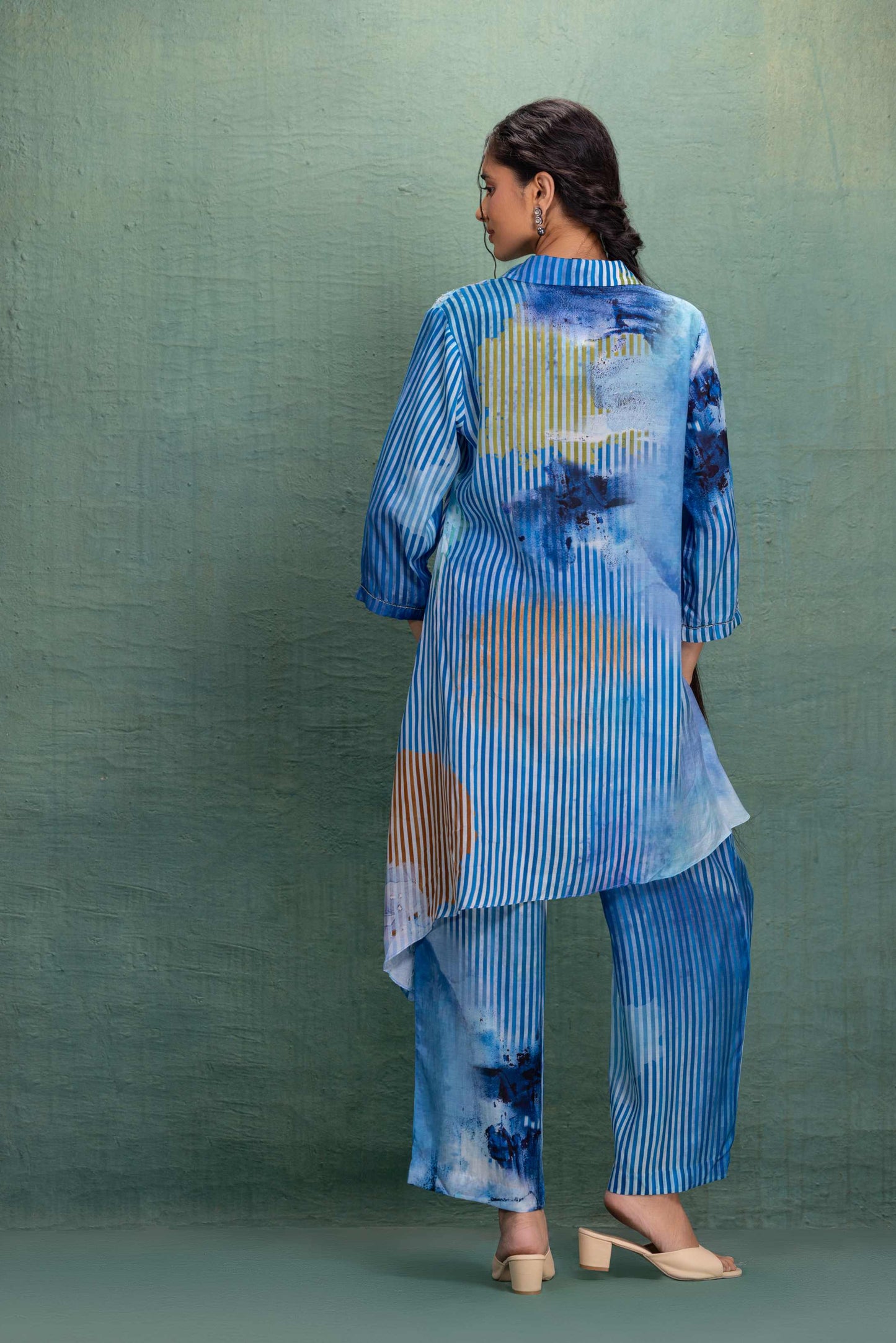 Blue Digital Print Asymmetrical Cord Set with Fine Line Detailing