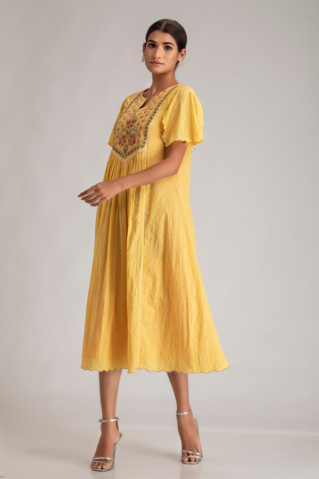 Yellow Cotton Dress With Multicolor Yoke