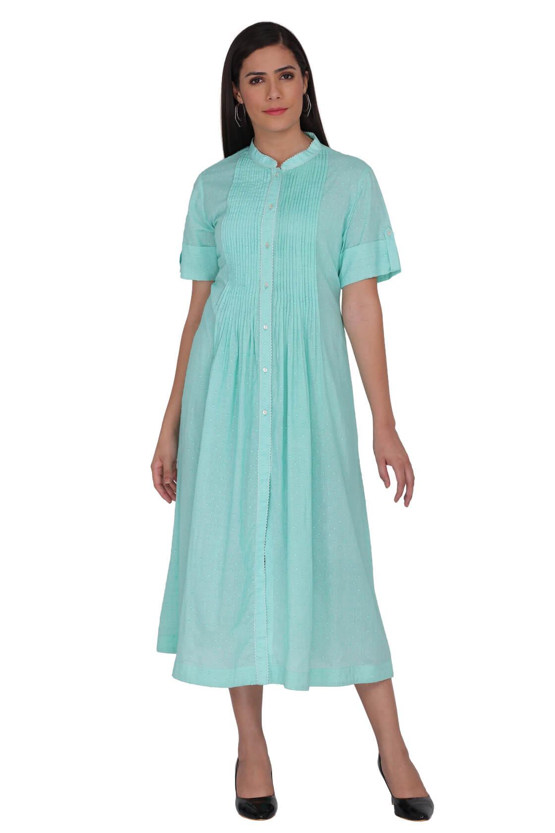 Midi Dress With Center Placket And Pintucks