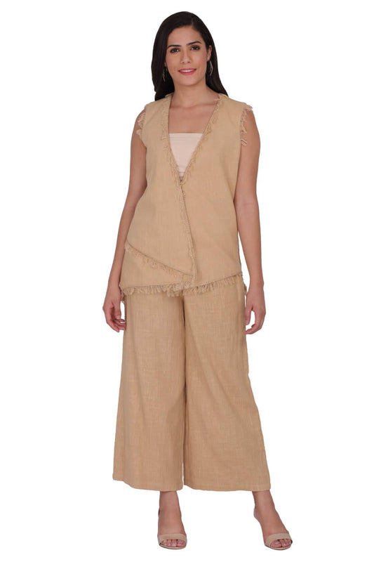 Overlap Jacket With Palazzo Pants With Fringes