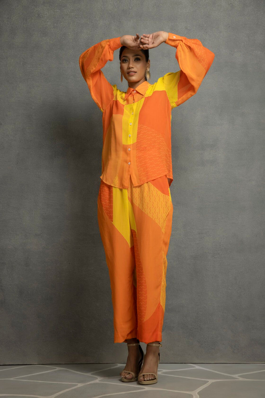 Orange Yellow Digital Printed Shirt In Georgette Base