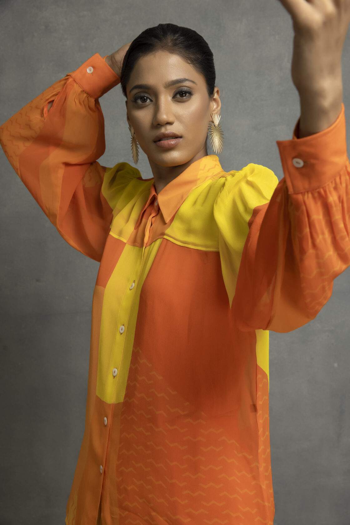 Orange Yellow Digital Printed Shirt In Georgette Base