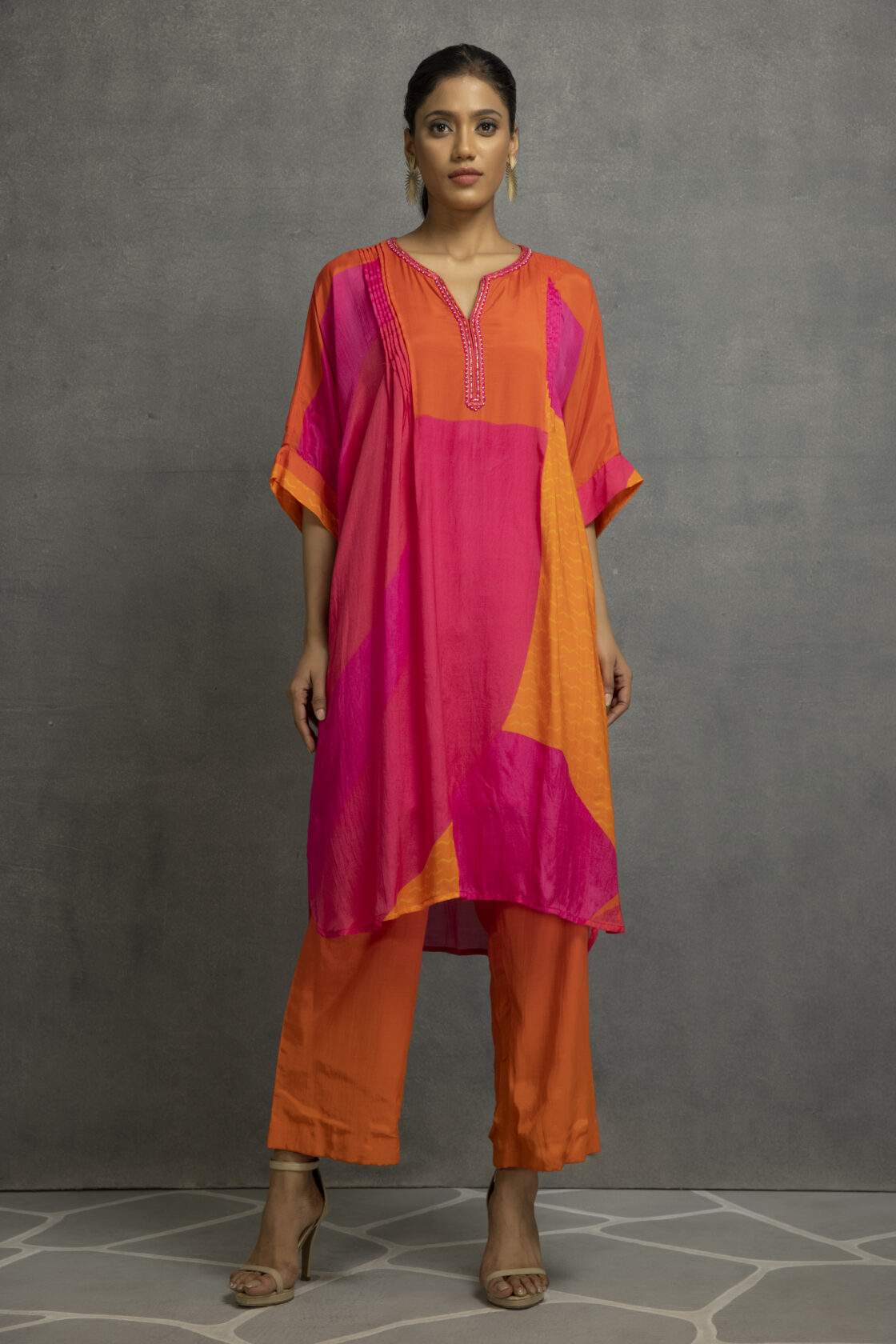 Orange Pink Printed Pleated Kurta In Cotton Silk Base