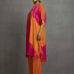 Orange Pink Printed Pleated Kurta In Cotton Silk Base