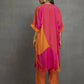 Orange Pink Printed Pleated Kurta In Cotton Silk Base