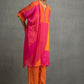 Orange Pink Printed Pleated Kurta In Cotton Silk Base