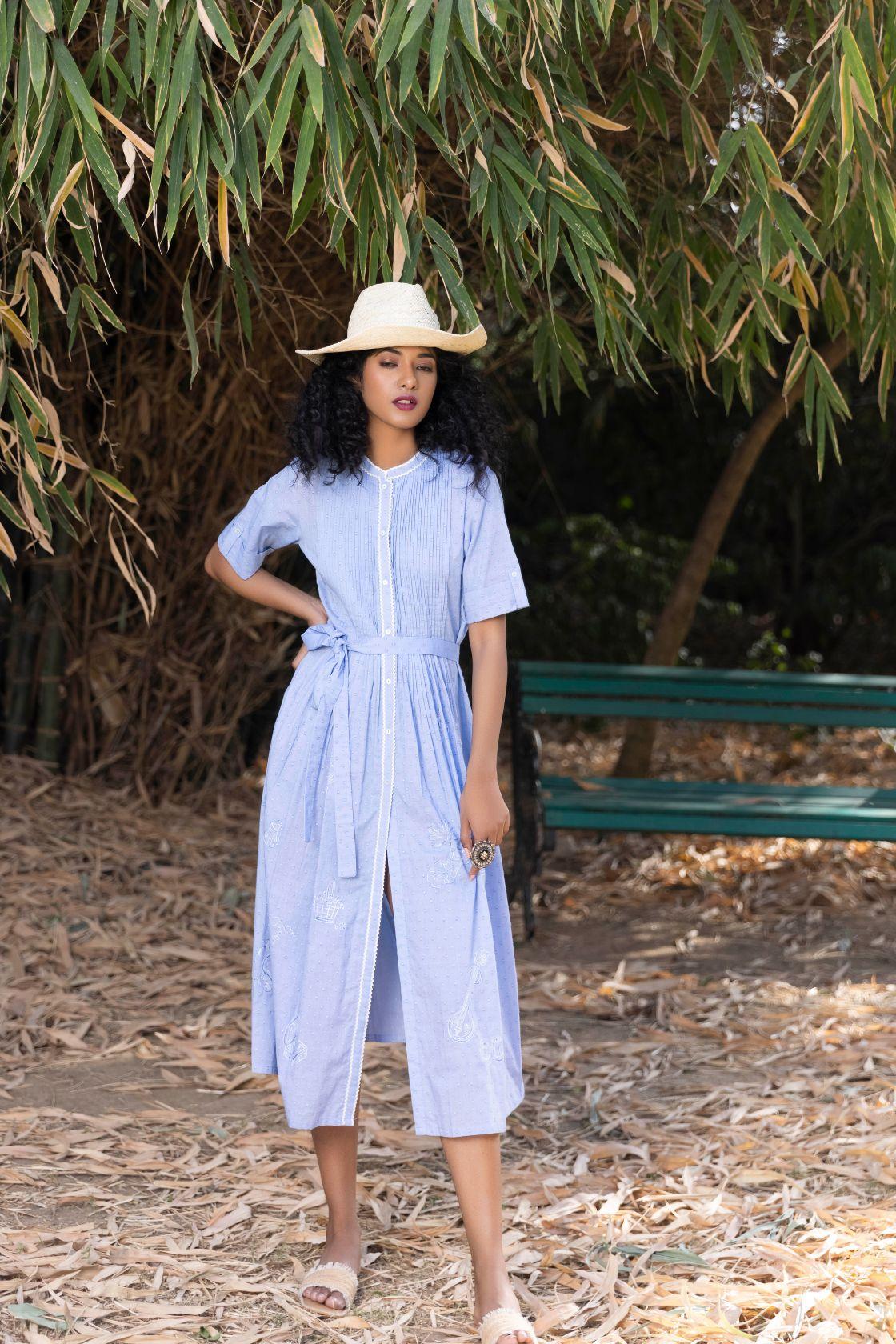 Midi Dress With Center Placket And Pintucks