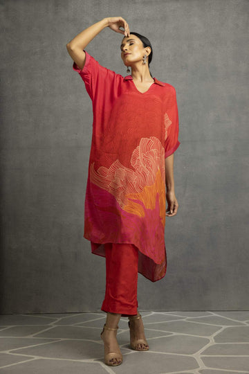 Dark Red And Pink Printed Long Collar Kurta