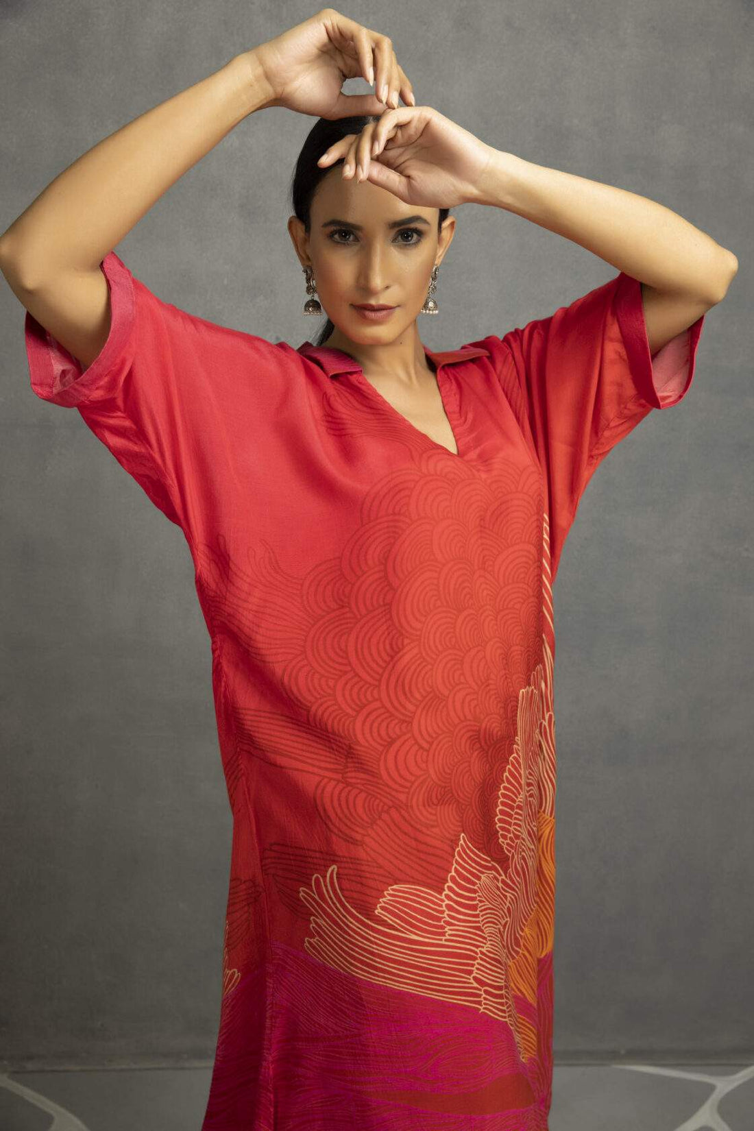 Dark Red And Pink Printed Long Collar Kurta