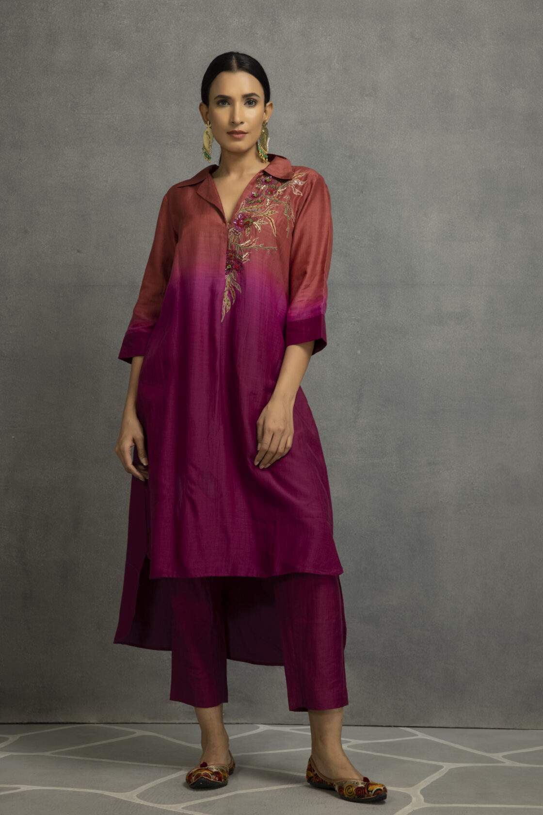 Purple Cotton Silk Embroidered Ombre Kurta Set