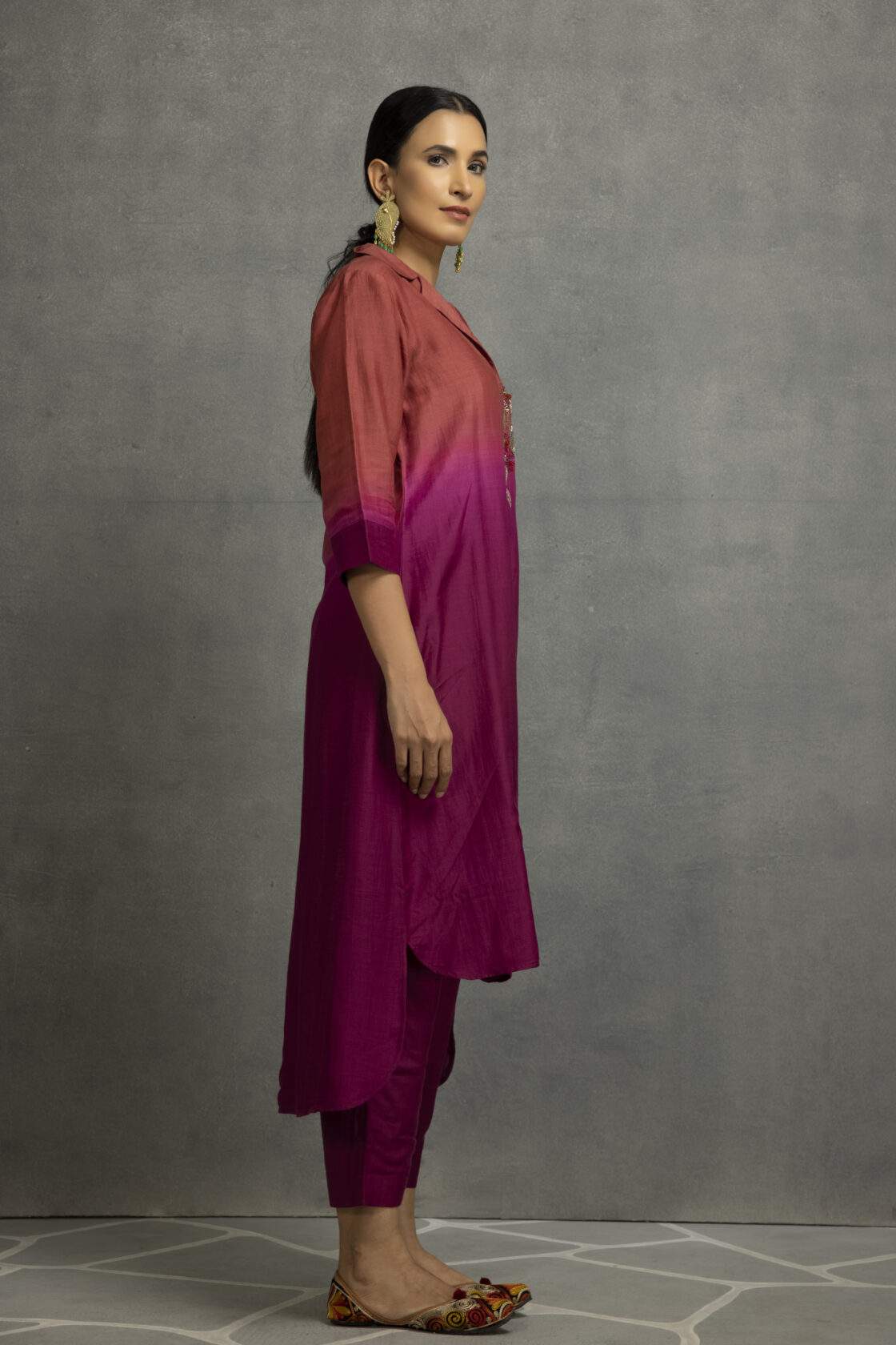 Purple Cotton Silk Embroidered Ombre Kurta Set