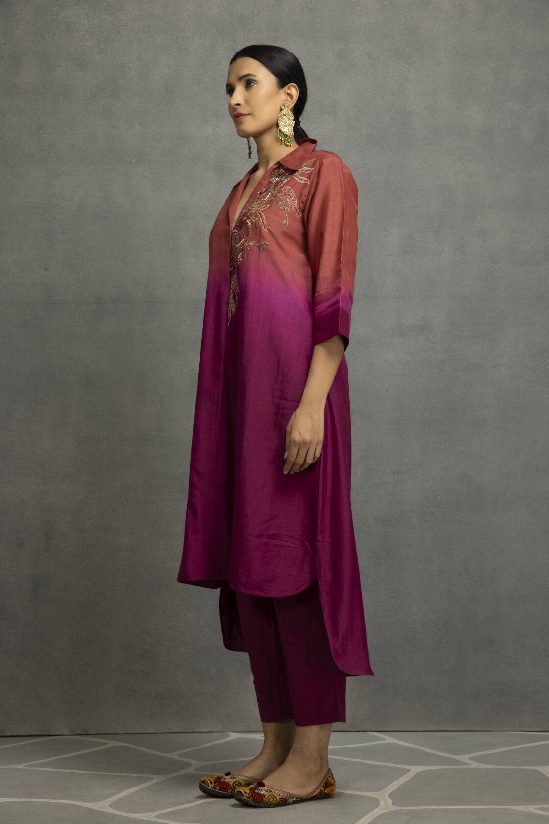 Purple Cotton Silk Embroidered Ombre Kurta Set