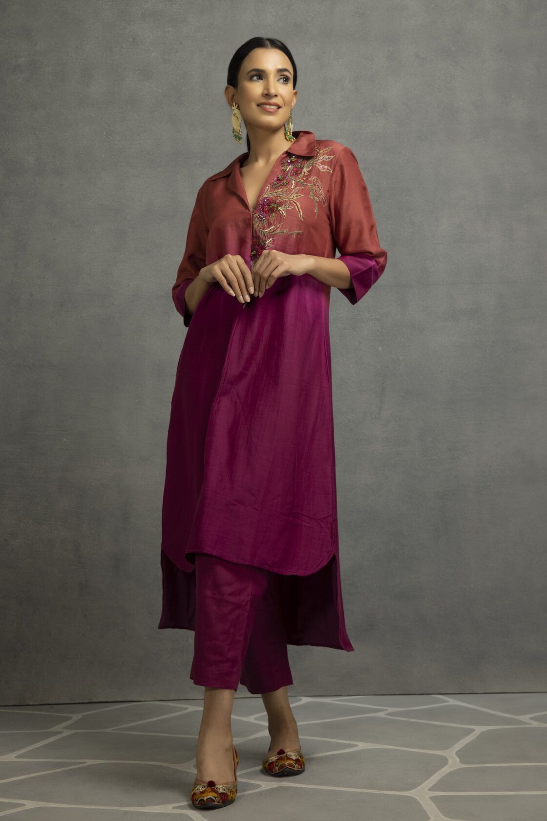 Purple Cotton Silk Embroidered Ombre Kurta Set