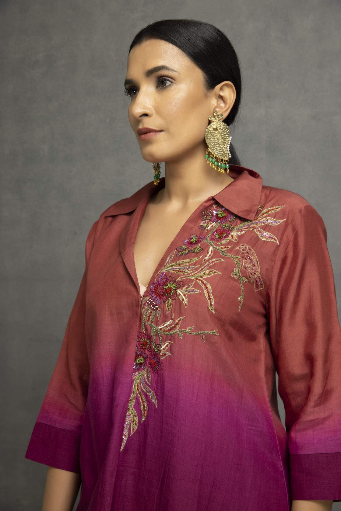 Purple Cotton Silk Embroidered Ombre Kurta Set