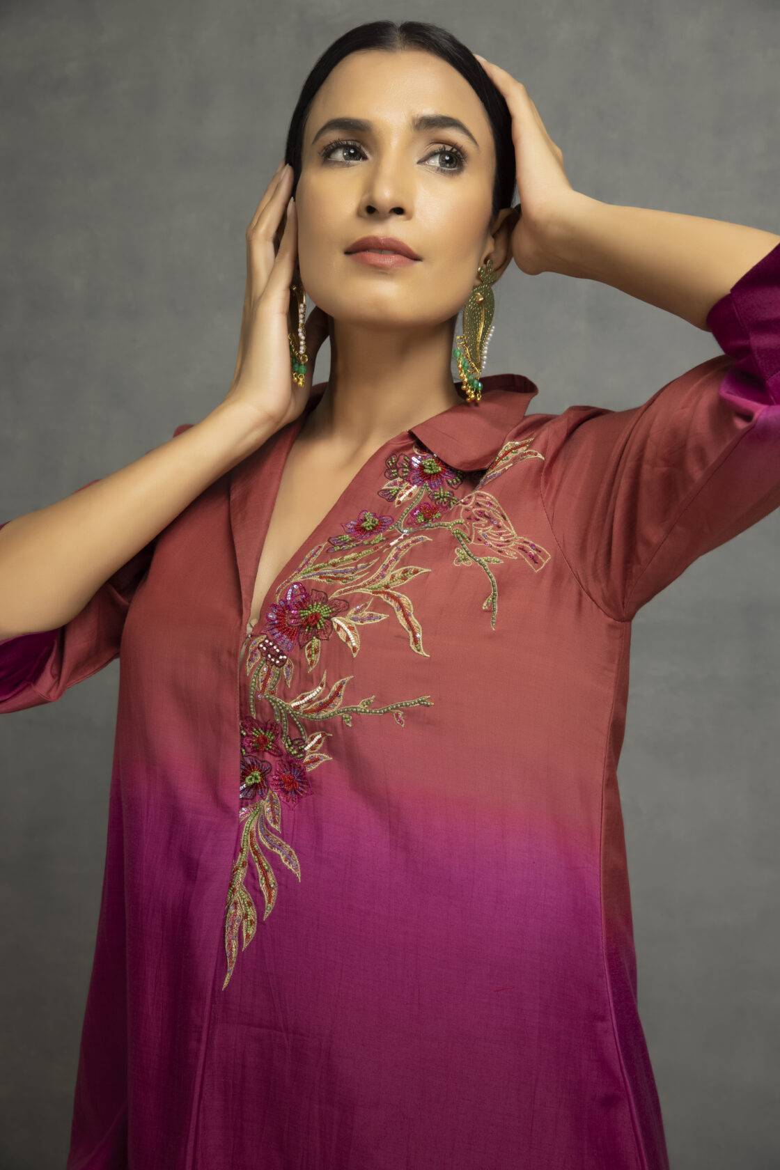 Purple Cotton Silk Embroidered Ombre Kurta Set