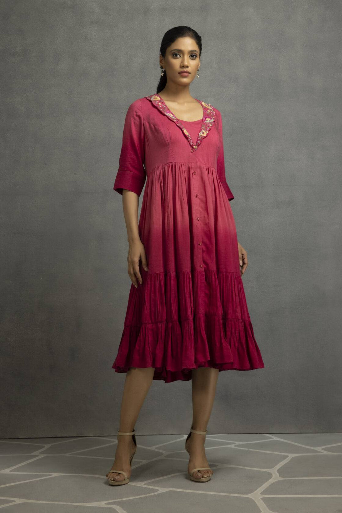 Pink Cotton Silk Embroidered Ombre Dress