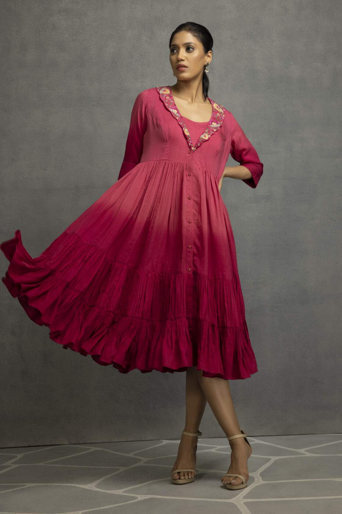 Pink Cotton Silk Embroidered Ombre Dress