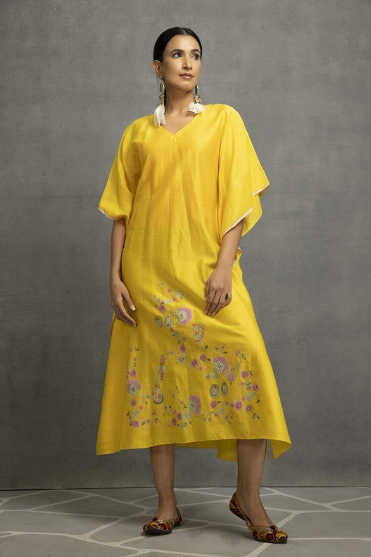 Yellow Story Telling Kaftan In Chanderi Base With Applique Work