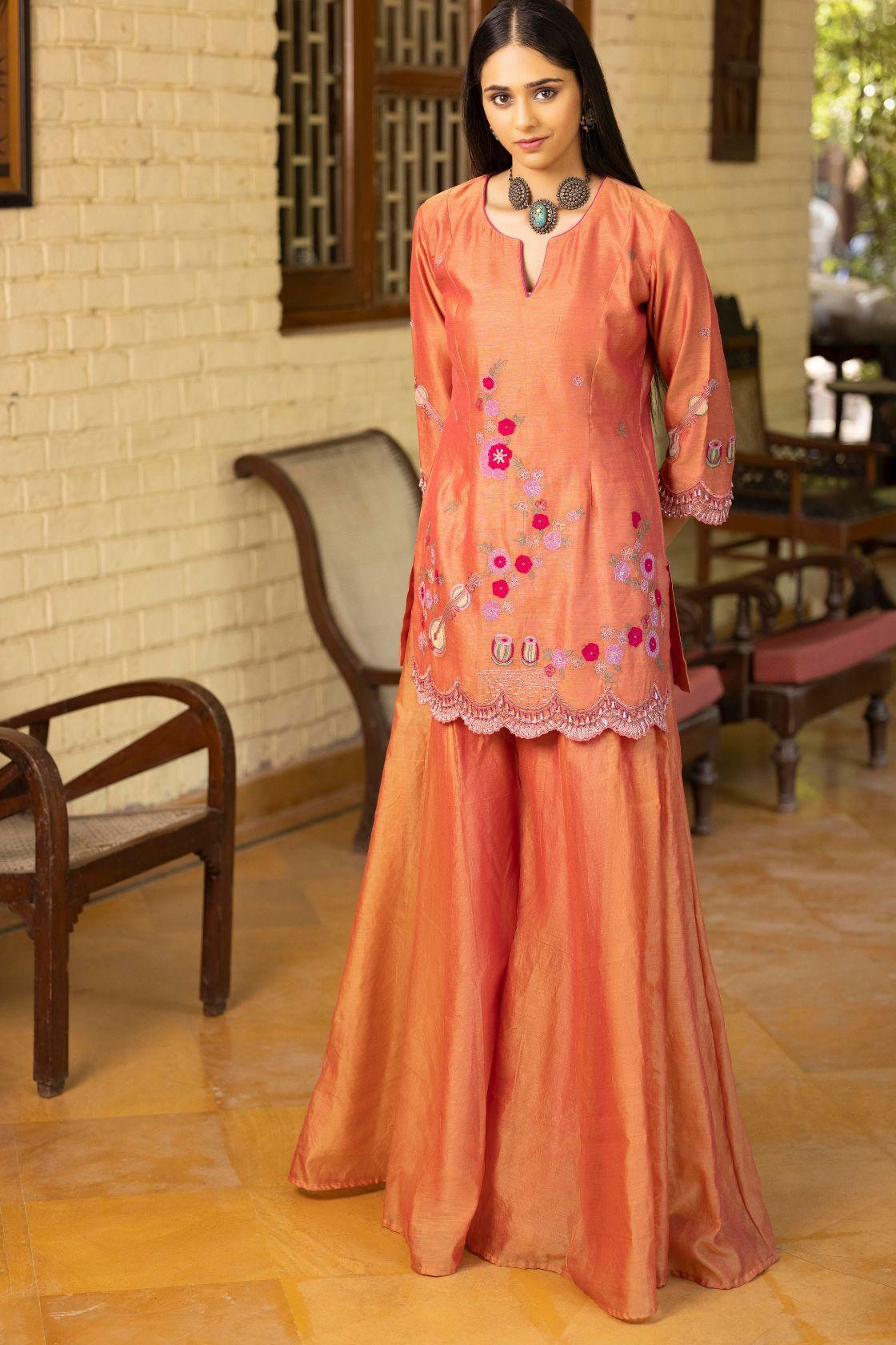 Dual Tone Sharara Set With Effect Of Orange And Pink